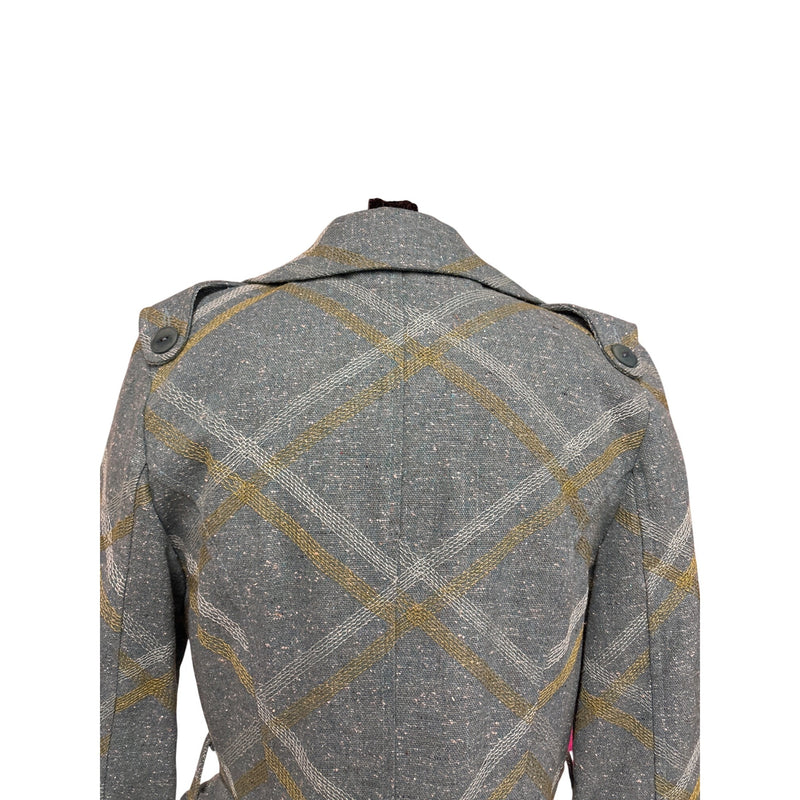 Vintage Beth Bowley Teal Gold Plaid Wool Blend Belted Coat Jacket Pencil Skirt Set Size 6 RN98544, Sustainable Fashion Education Fundraiser