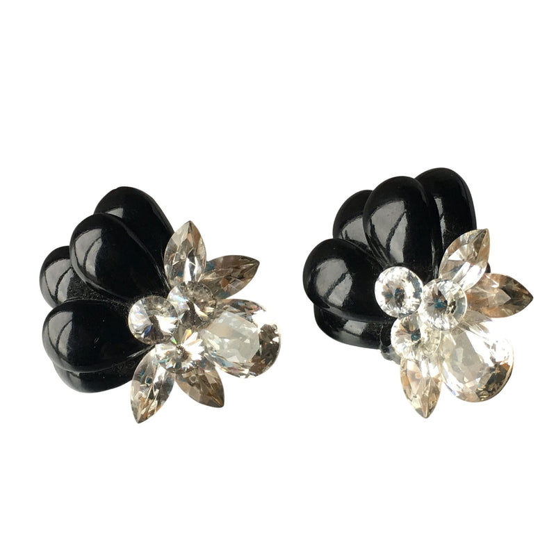 Vintage H. Weisz Signed Black Crystal Floral Clip-On Earrings 1980s Statement Jewelry, Sustainable Fashion Education Fundraiser