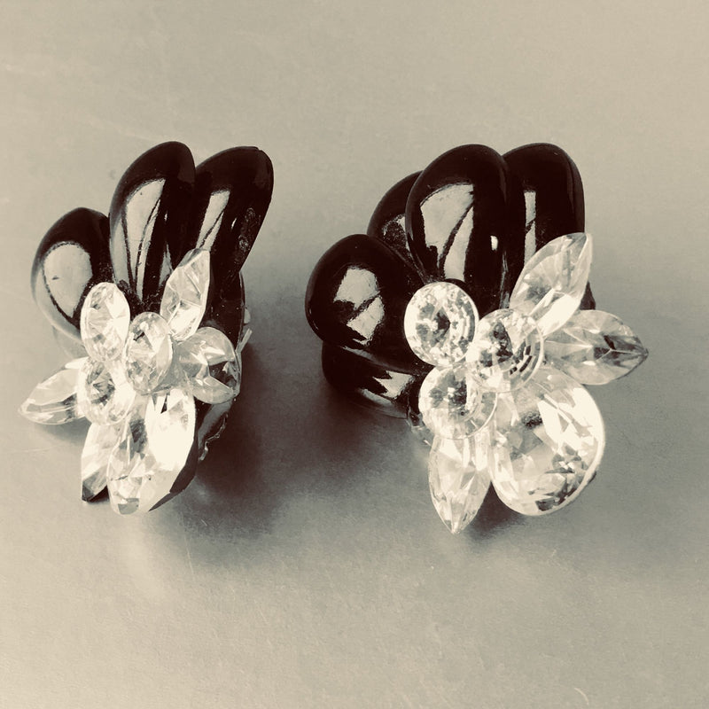 Vintage H. Weisz Signed Black Crystal Floral Clip-On Earrings 1980s Statement Jewelry, Sustainable Fashion Education Fundraiser