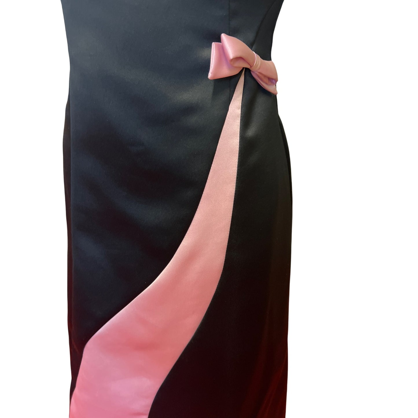 Jessica McClintock for Gunne Sax Strapless Black Cocktail Dress With Pink Satin Accents Bow LBD Prom Homecoming Formal Party Dress