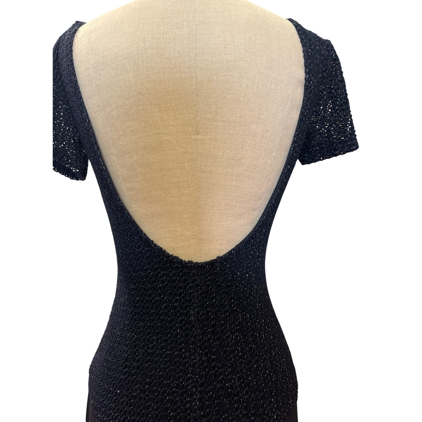 Vintage JS Boutique Navy Blue Evening Gown Short Sleeve Size 6 Tactel Lurex Blend Made In Canada Elegant Bridal Formal Prom Homecoming Dress