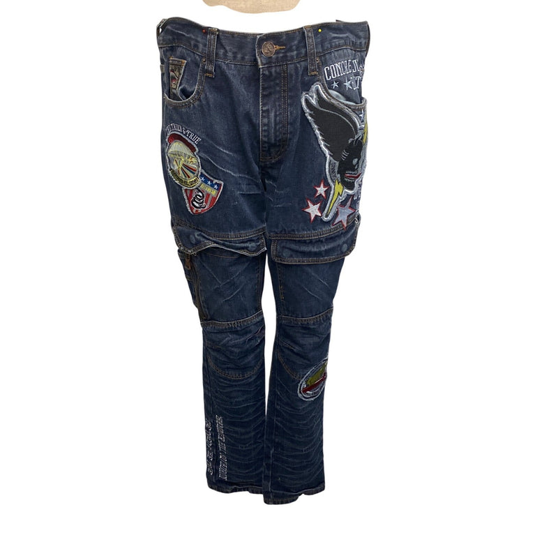Mens Vintage Americana Denim Cargo Jeans W36 L33 Embroidered Patches Jean Pants