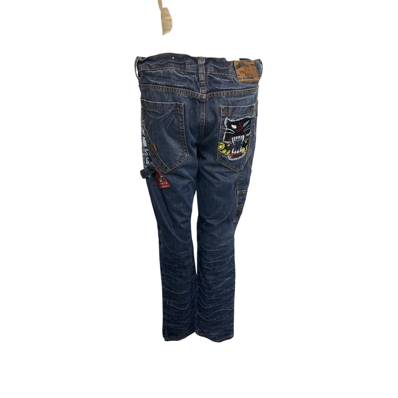 Mens Vintage Americana Denim Cargo Jeans W36 L33 Embroidered Patches Jean Pants