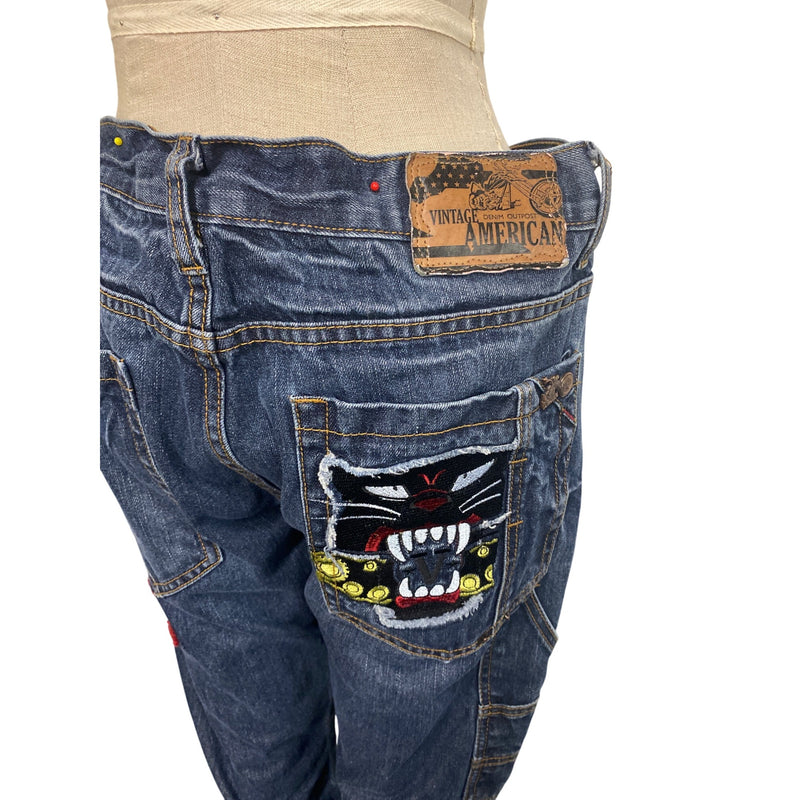 Mens Vintage Americana Denim Cargo Jeans W36 L33 Embroidered Patches Jean Pants