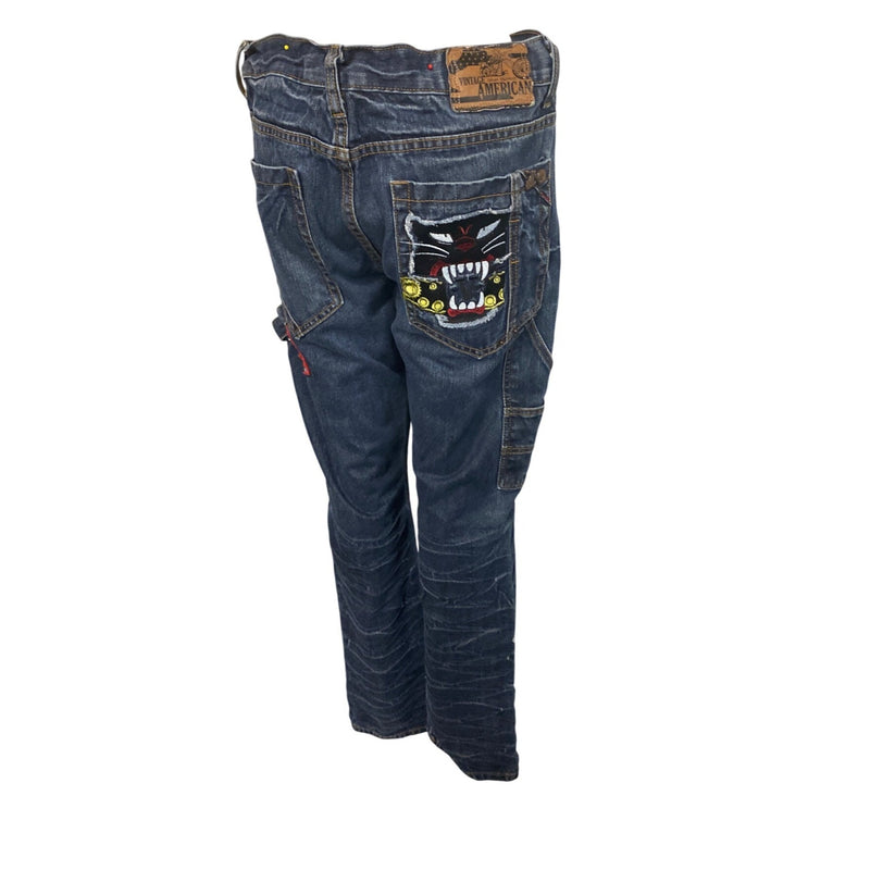 Mens Vintage Americana Denim Cargo Jeans W36 L33 Embroidered Patches Jean Pants