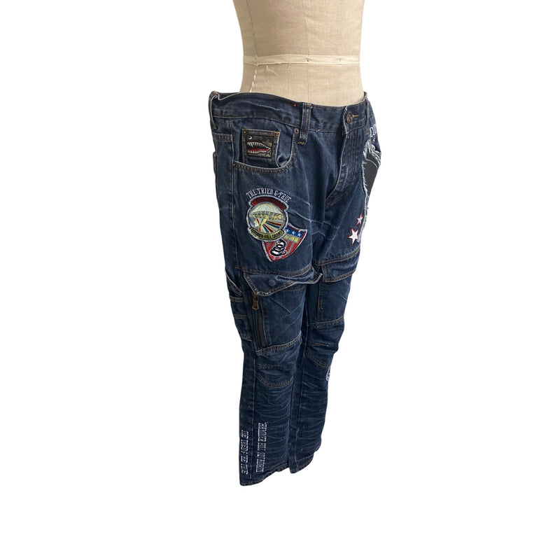 Mens Vintage Americana Denim Cargo Jeans W36 L33 Embroidered Patches Jean Pants