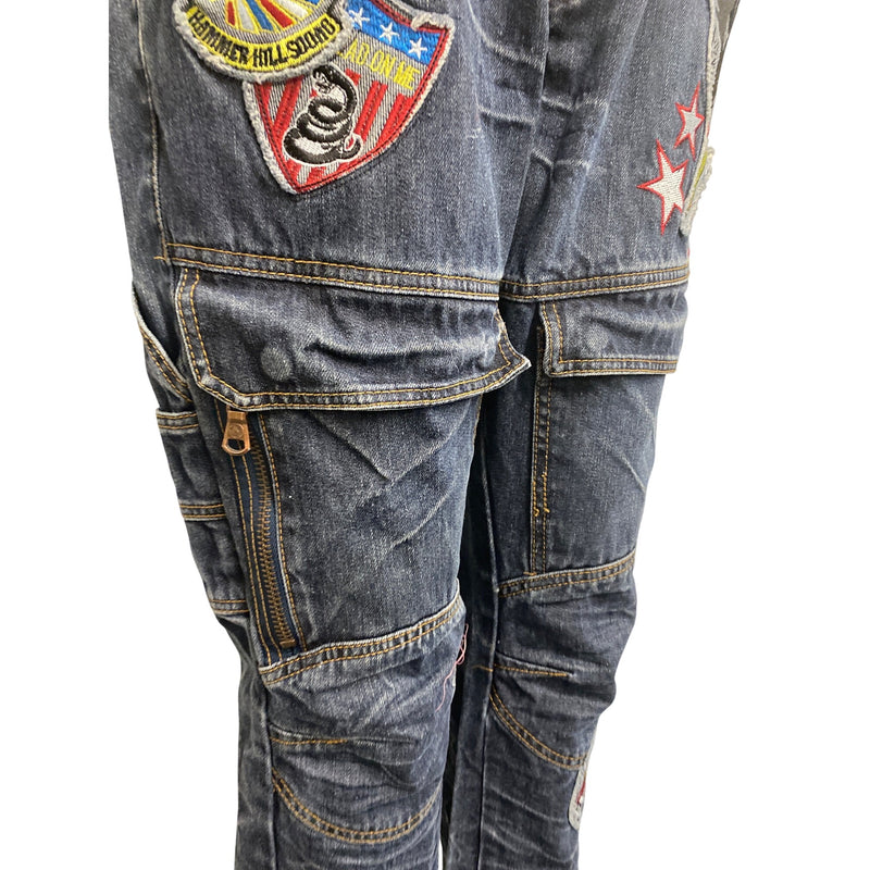 Mens Vintage Americana Denim Cargo Jeans W36 L33 Embroidered Patches Jean Pants