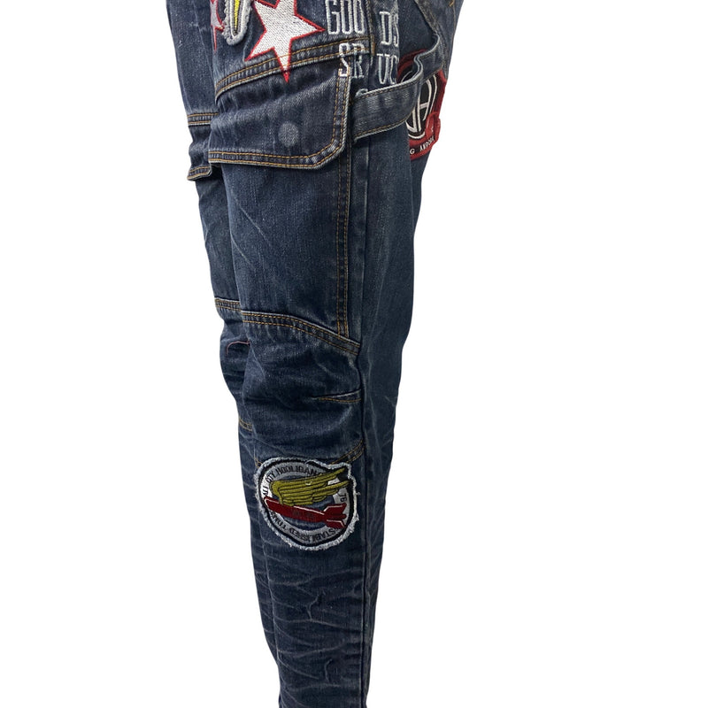 Mens Vintage Americana Denim Cargo Jeans W36 L33 Embroidered Patches Jean Pants