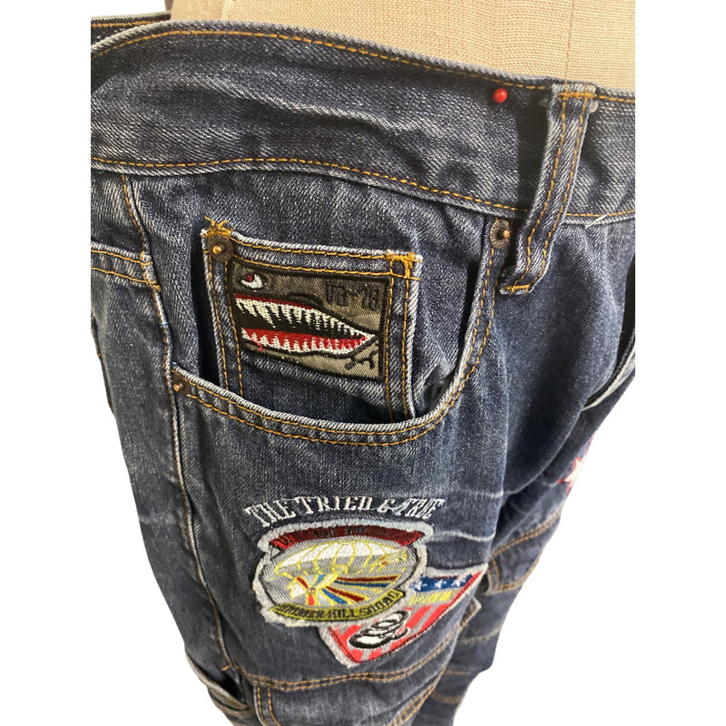 Mens Vintage Americana Denim Cargo Jeans W36 L33 Embroidered Patches Jean Pants