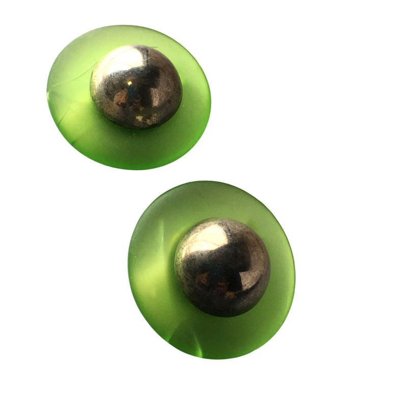 Vintage Green Lucite Clip-On Earrings With Silver Dome Accent Retro Mid-Century Modern Jewelry, Sustainable Fashion Education Fundraiser