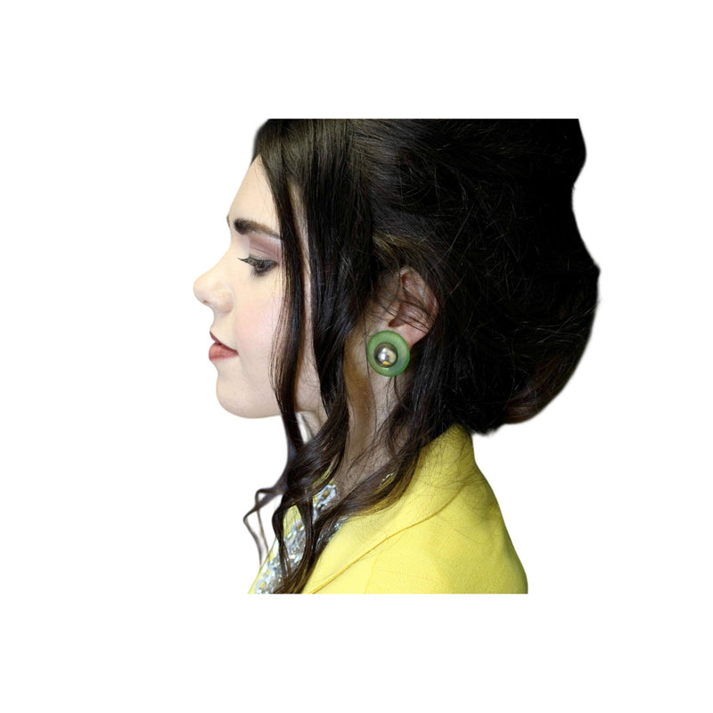 Vintage Green Lucite Clip-On Earrings With Silver Dome Accent Retro Mid-Century Modern Jewelry, Sustainable Fashion Education Fundraiser
