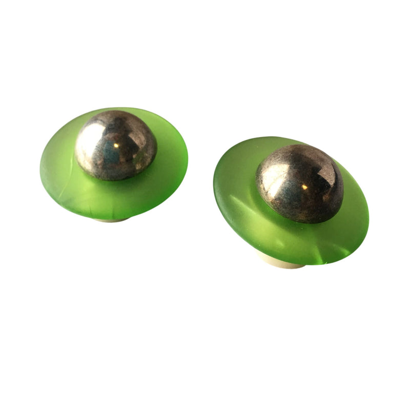 Vintage Green Lucite Clip-On Earrings With Silver Dome Accent Retro Mid-Century Modern Jewelry, Sustainable Fashion Education Fundraiser