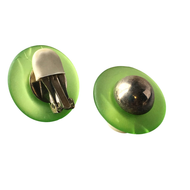 Vintage Green Lucite Clip-On Earrings With Silver Dome Accent Retro Mid-Century Modern Jewelry, Sustainable Fashion Education Fundraiser