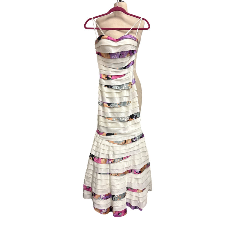 Terani Couture Ivory Multicolor Floral Appliqué Banded Cocktail Dress Sequin Beaded Embellishment Prom Evening Pageant Fundraiser Sustainabl