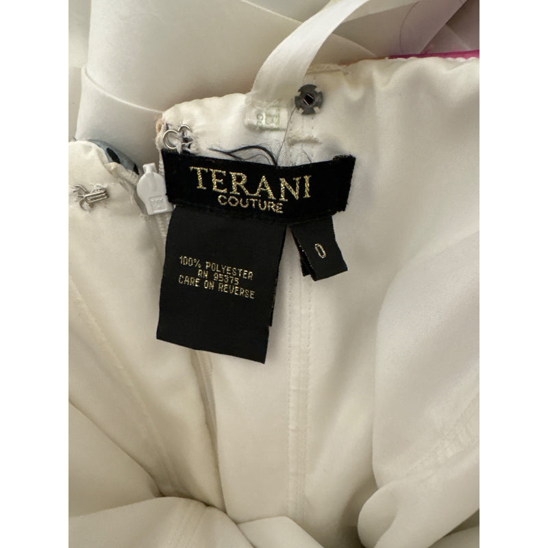 Terani Couture Ivory Multicolor Floral Appliqué Banded Cocktail Dress Sequin Beaded Embellishment Prom Evening Pageant Fundraiser Sustainabl