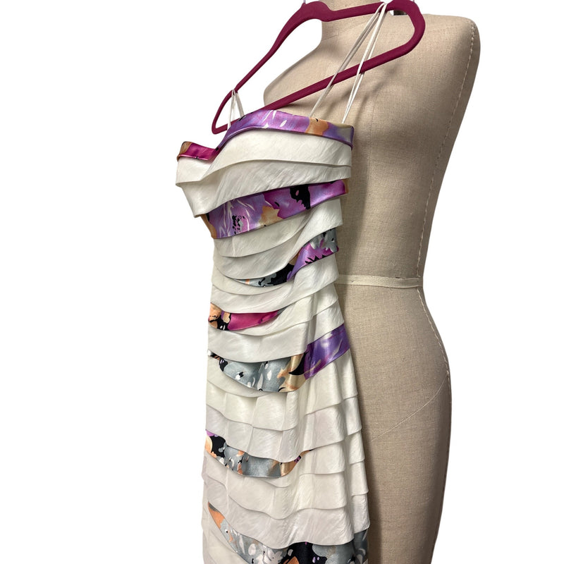 Terani Couture Ivory Multicolor Floral Appliqué Banded Cocktail Dress Sequin Beaded Embellishment Prom Evening Pageant Fundraiser Sustainabl