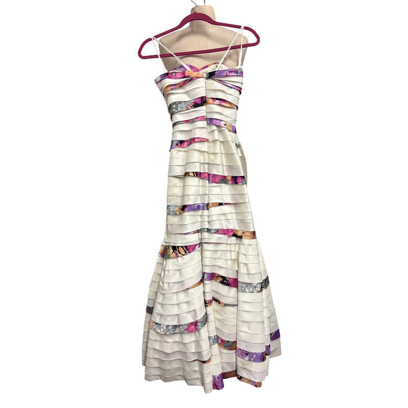 Terani Couture Ivory Multicolor Floral Appliqué Banded Cocktail Dress Sequin Beaded Embellishment Prom Evening Pageant Fundraiser Sustainabl