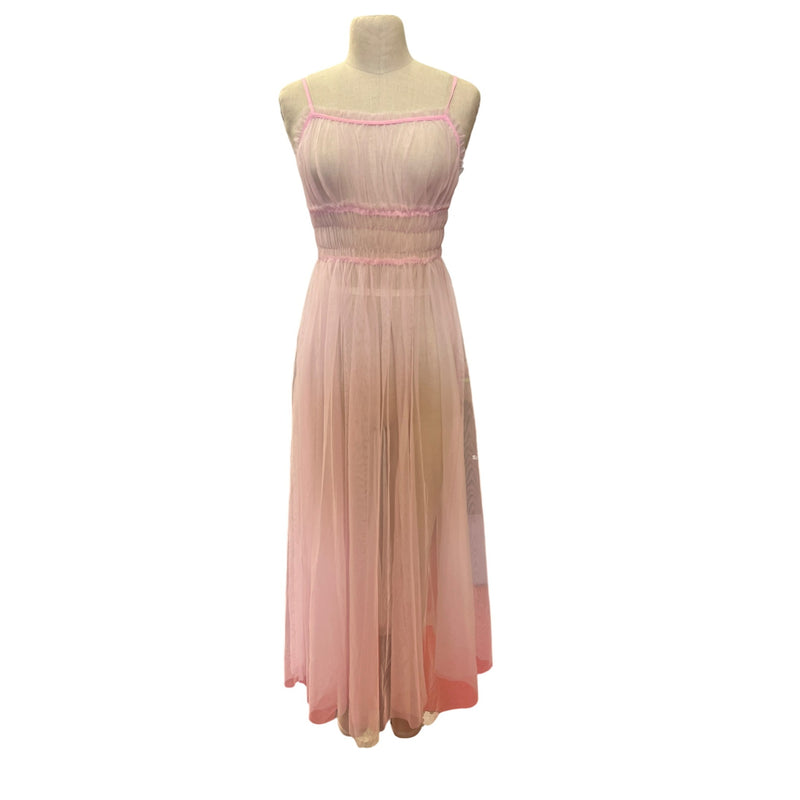 Vintage Pink Sheer Nightgown Dress With Ruched Waist Button Detail Darling Feminine Girlie and so Pretty