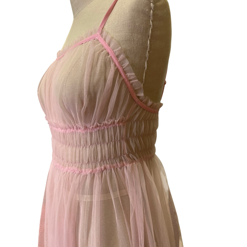 Vintage Pink Sheer Nightgown Dress With Ruched Waist Button Detail Darling Feminine Girlie and so Pretty