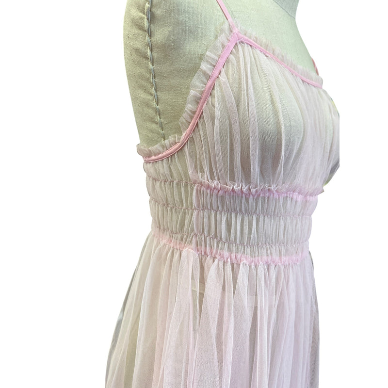 Vintage Pink Sheer Nightgown Dress With Ruched Waist Button Detail Darling Feminine Girlie and so Pretty