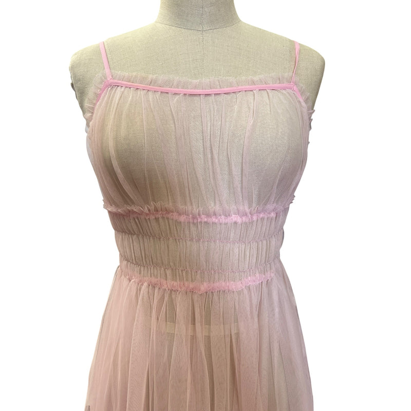Vintage Pink Sheer Nightgown Dress With Ruched Waist Button Detail Darling Feminine Girlie and so Pretty