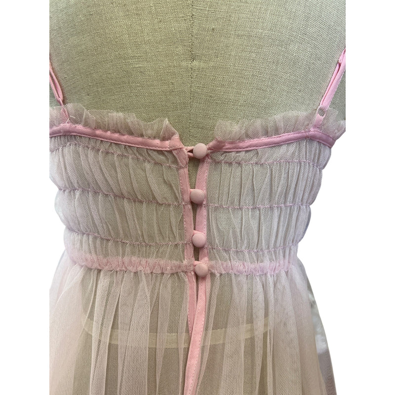 Vintage Pink Sheer Nightgown Dress With Ruched Waist Button Detail Darling Feminine Girlie and so Pretty