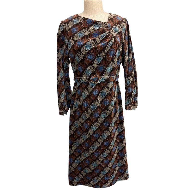 Vintage 1970s Brown Floral Velvet Belted Dress With Ruched Neckline and Long Sleeves, Fundraiser for Sustainable Fashion Education Program