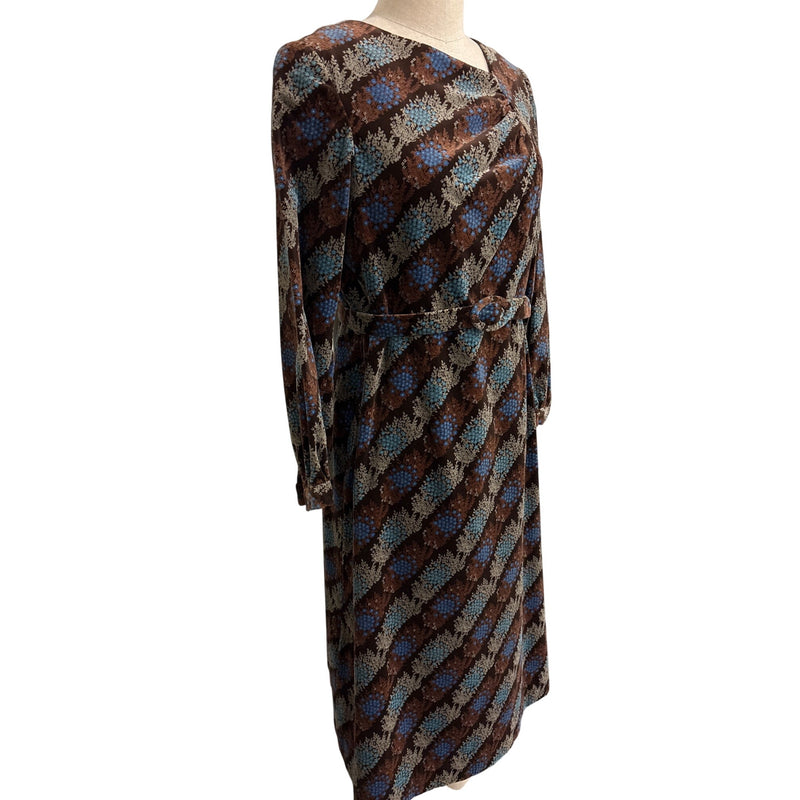 Vintage 1970s Brown Floral Velvet Belted Dress With Ruched Neckline and Long Sleeves, Fundraiser for Sustainable Fashion Education Program