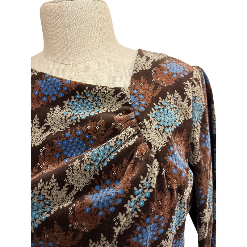 Vintage 1970s Brown Floral Velvet Belted Dress With Ruched Neckline and Long Sleeves, Fundraiser for Sustainable Fashion Education Program
