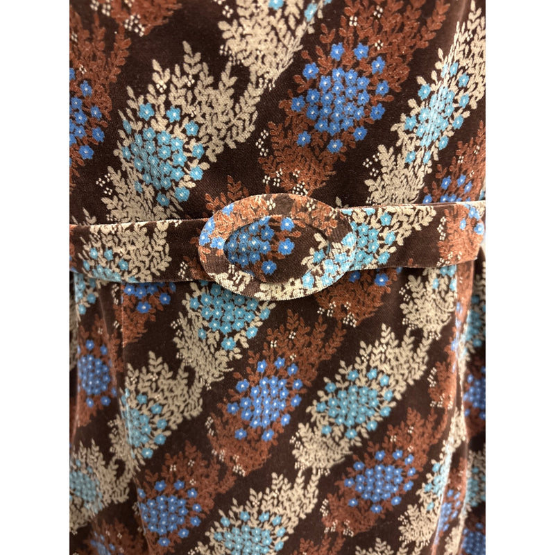 Vintage 1970s Brown Floral Velvet Belted Dress With Ruched Neckline and Long Sleeves, Fundraiser for Sustainable Fashion Education Program