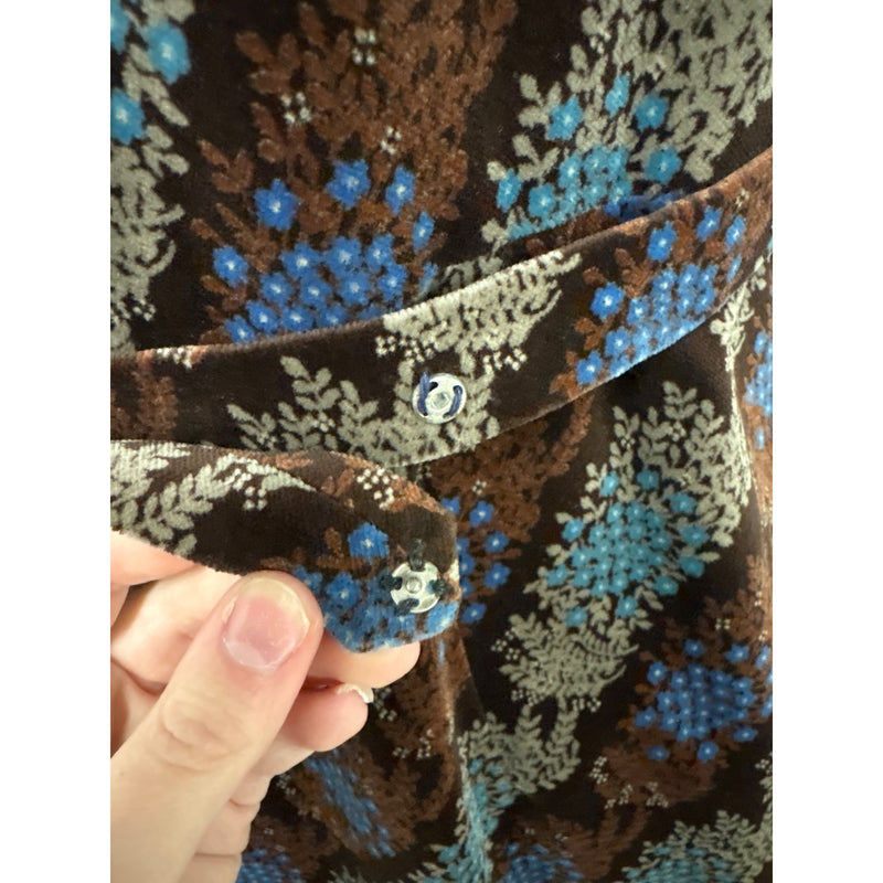 Vintage 1970s Brown Floral Velvet Belted Dress With Ruched Neckline and Long Sleeves, Fundraiser for Sustainable Fashion Education Program
