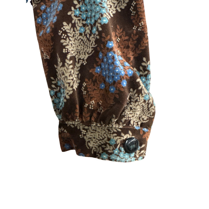 Vintage 1970s Brown Floral Velvet Belted Dress With Ruched Neckline and Long Sleeves, Fundraiser for Sustainable Fashion Education Program