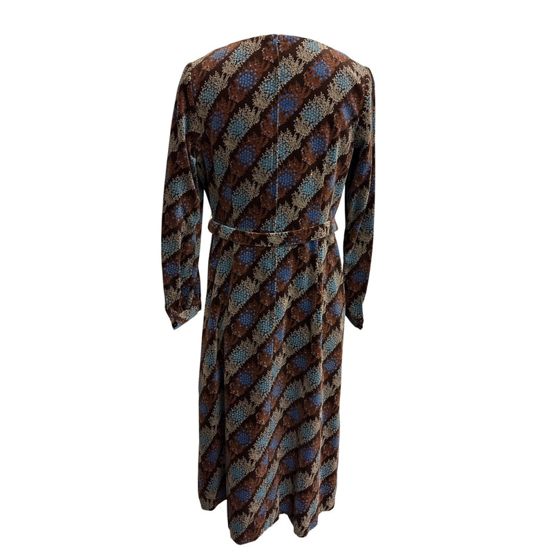 Vintage 1970s Brown Floral Velvet Belted Dress With Ruched Neckline and Long Sleeves, Fundraiser for Sustainable Fashion Education Program