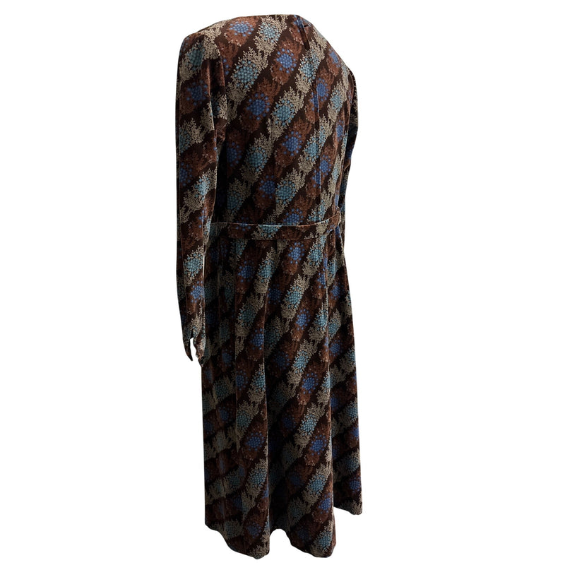 Vintage 1970s Brown Floral Velvet Belted Dress With Ruched Neckline and Long Sleeves, Fundraiser for Sustainable Fashion Education Program