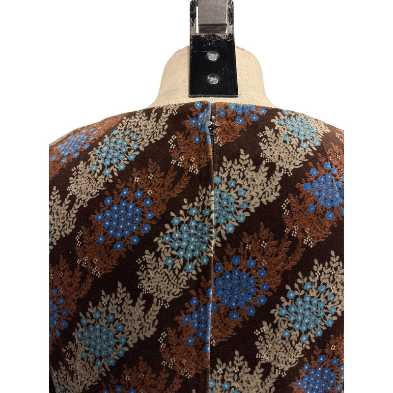 Vintage 1970s Brown Floral Velvet Belted Dress With Ruched Neckline and Long Sleeves, Fundraiser for Sustainable Fashion Education Program