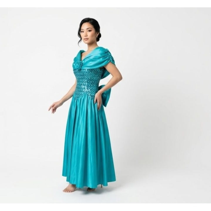 Vintage 80s Zum Zum by Niki Livas Teal Satin Sequin Prom Dress Off-Shoulder Puff Sleeve Bow Chevron Sequin Bodice 1980s Cocktail Formal