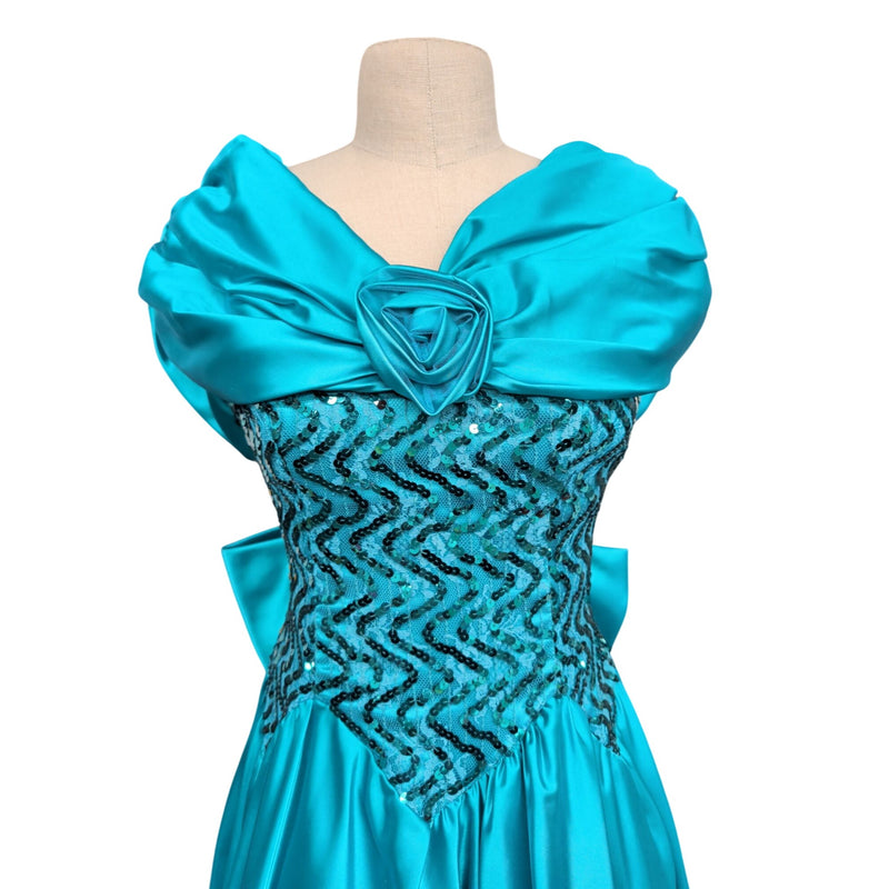 Vintage 80s Zum Zum by Niki Livas Teal Satin Sequin Prom Dress Off-Shoulder Puff Sleeve Bow Chevron Sequin Bodice 1980s Cocktail Formal