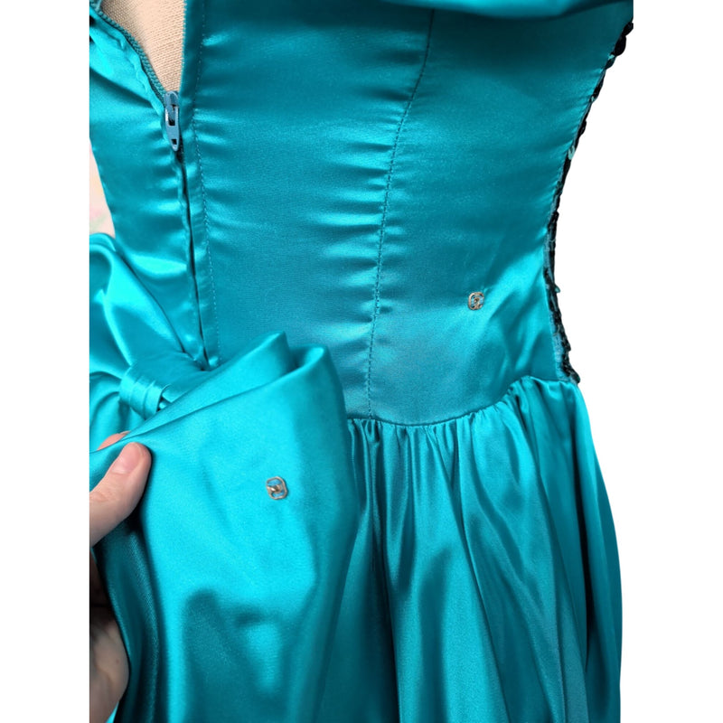Vintage 80s Zum Zum by Niki Livas Teal Satin Sequin Prom Dress Off-Shoulder Puff Sleeve Bow Chevron Sequin Bodice 1980s Cocktail Formal