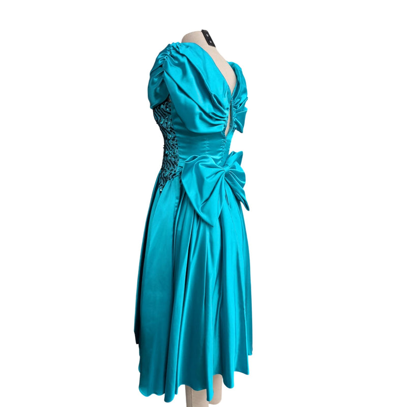Vintage 80s Zum Zum by Niki Livas Teal Satin Sequin Prom Dress Off-Shoulder Puff Sleeve Bow Chevron Sequin Bodice 1980s Cocktail Formal