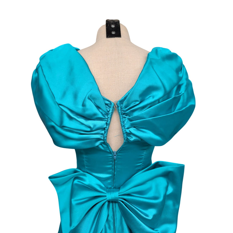 Vintage 80s Zum Zum by Niki Livas Teal Satin Sequin Prom Dress Off-Shoulder Puff Sleeve Bow Chevron Sequin Bodice 1980s Cocktail Formal
