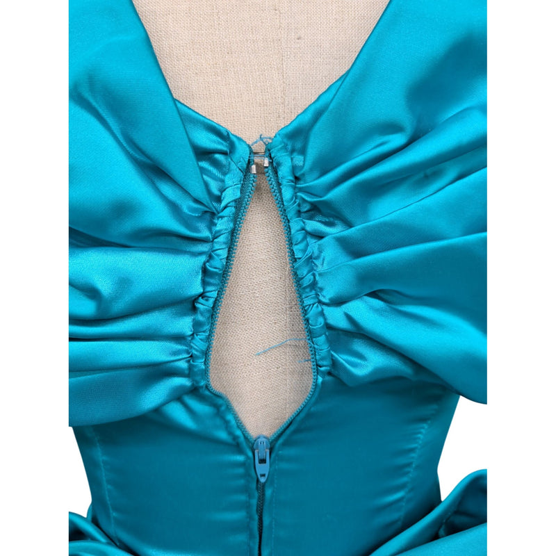 Vintage 80s Zum Zum by Niki Livas Teal Satin Sequin Prom Dress Off-Shoulder Puff Sleeve Bow Chevron Sequin Bodice 1980s Cocktail Formal