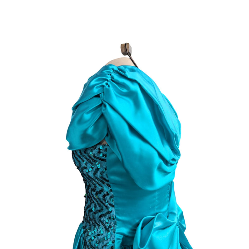 Vintage 80s Zum Zum by Niki Livas Teal Satin Sequin Prom Dress Off-Shoulder Puff Sleeve Bow Chevron Sequin Bodice 1980s Cocktail Formal