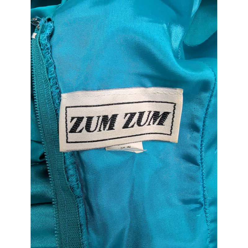 Vintage 80s Zum Zum by Niki Livas Teal Satin Sequin Prom Dress Off-Shoulder Puff Sleeve Bow Chevron Sequin Bodice 1980s Cocktail Formal