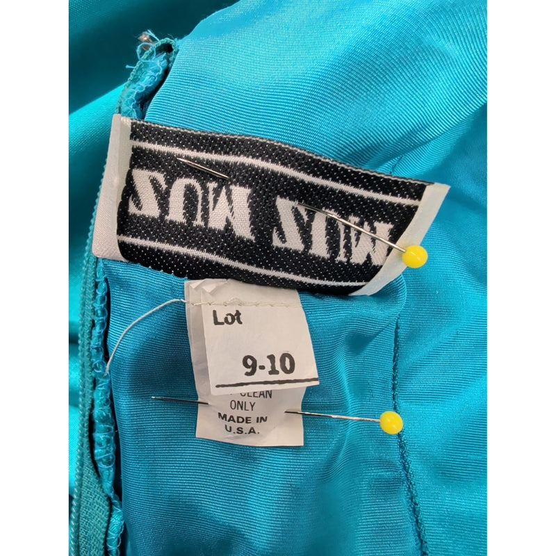 Vintage 80s Zum Zum by Niki Livas Teal Satin Sequin Prom Dress Off-Shoulder Puff Sleeve Bow Chevron Sequin Bodice 1980s Cocktail Formal