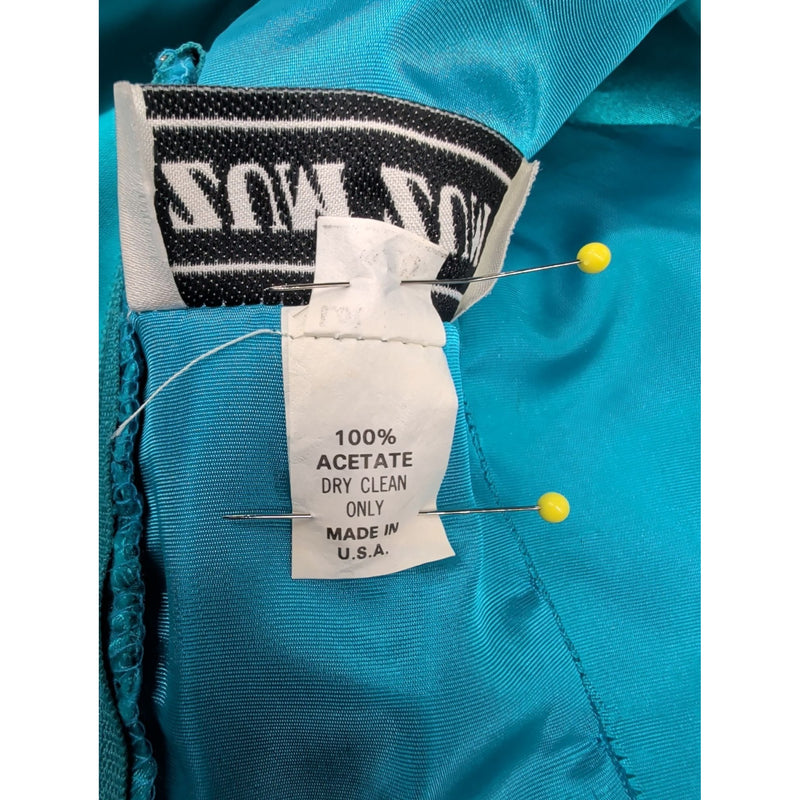 Vintage 80s Zum Zum by Niki Livas Teal Satin Sequin Prom Dress Off-Shoulder Puff Sleeve Bow Chevron Sequin Bodice 1980s Cocktail Formal