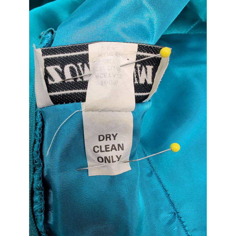 Vintage 80s Zum Zum by Niki Livas Teal Satin Sequin Prom Dress Off-Shoulder Puff Sleeve Bow Chevron Sequin Bodice 1980s Cocktail Formal