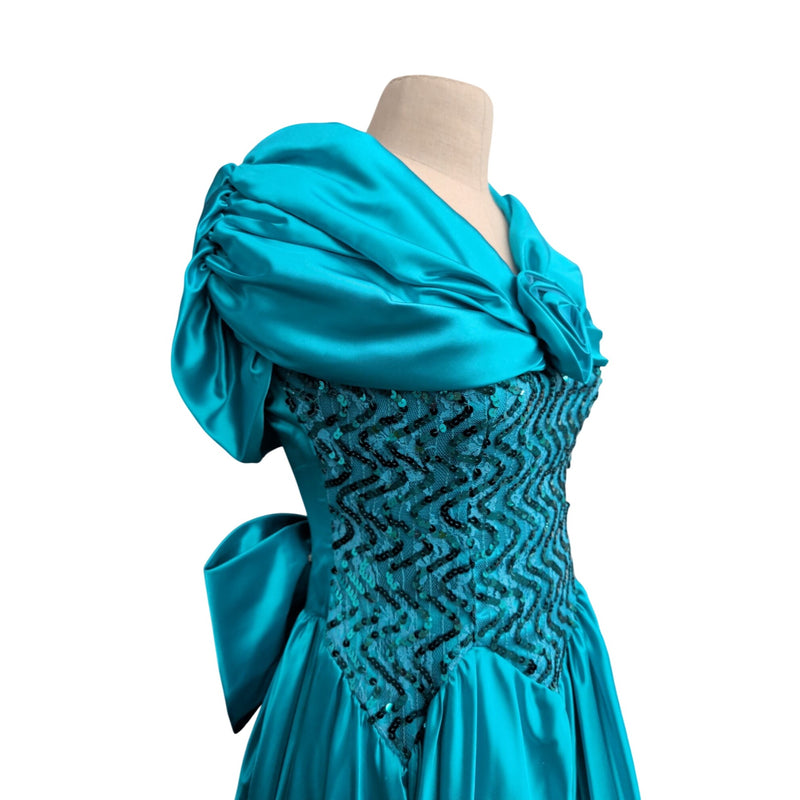 Vintage 80s Zum Zum by Niki Livas Teal Satin Sequin Prom Dress Off-Shoulder Puff Sleeve Bow Chevron Sequin Bodice 1980s Cocktail Formal