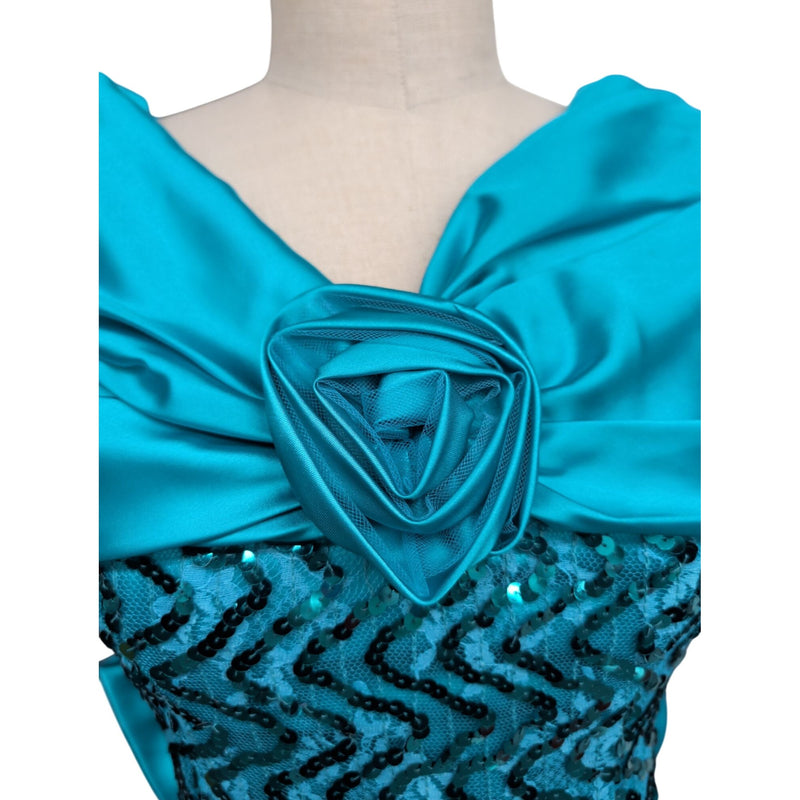 Vintage 80s Zum Zum by Niki Livas Teal Satin Sequin Prom Dress Off-Shoulder Puff Sleeve Bow Chevron Sequin Bodice 1980s Cocktail Formal