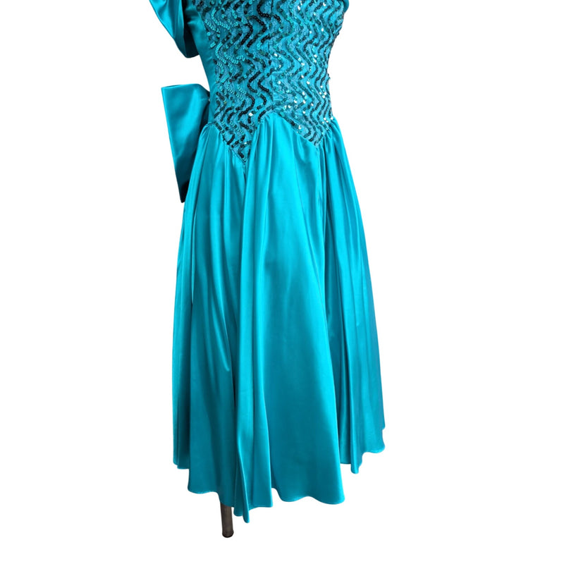 Vintage 80s Zum Zum by Niki Livas Teal Satin Sequin Prom Dress Off-Shoulder Puff Sleeve Bow Chevron Sequin Bodice 1980s Cocktail Formal