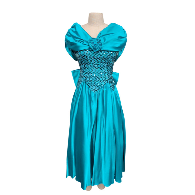 Vintage 80s Zum Zum by Niki Livas Teal Satin Sequin Prom Dress Off-Shoulder Puff Sleeve Bow Chevron Sequin Bodice 1980s Cocktail Formal